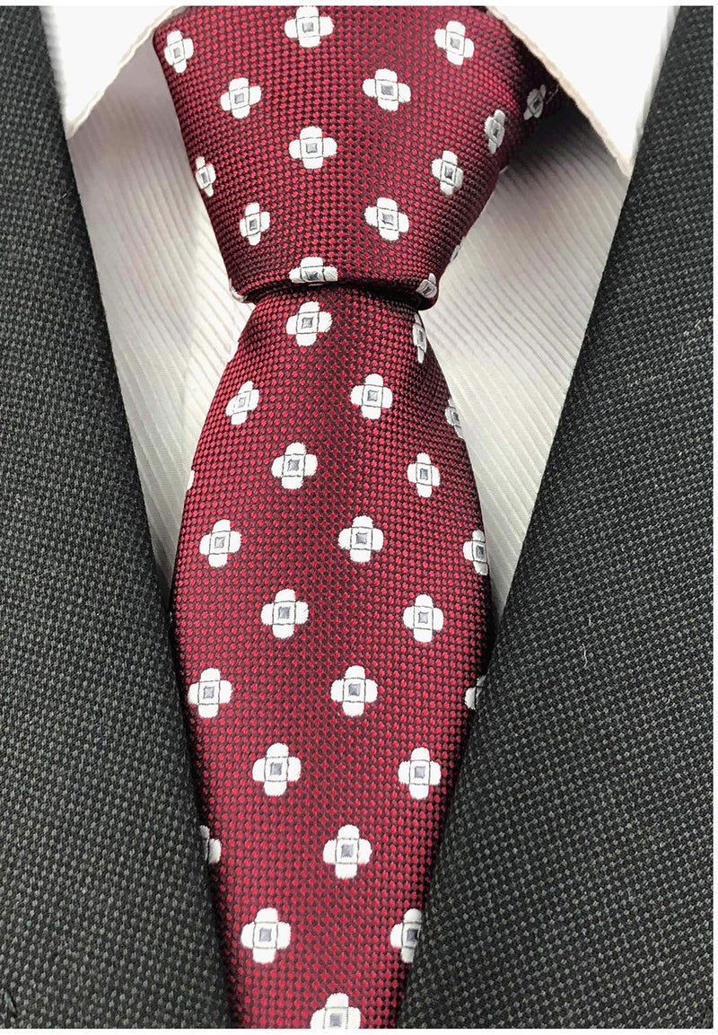 Ctskyte Slim Silk Necktie for Men Woven Jacquard Patterned Business Wedding Skinny Ties (Crimson Floral, One Size) - Image 2
